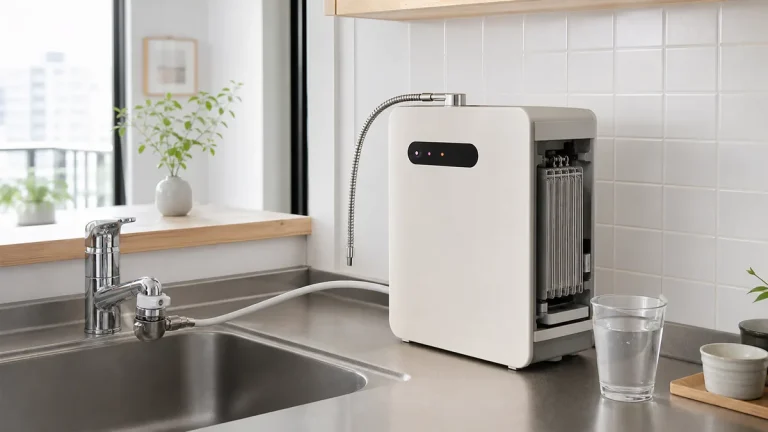 Máy lọc nước ion kiềm nội địa Nhật lắp cạnh bồn rửa trong căn bếp hiện đại