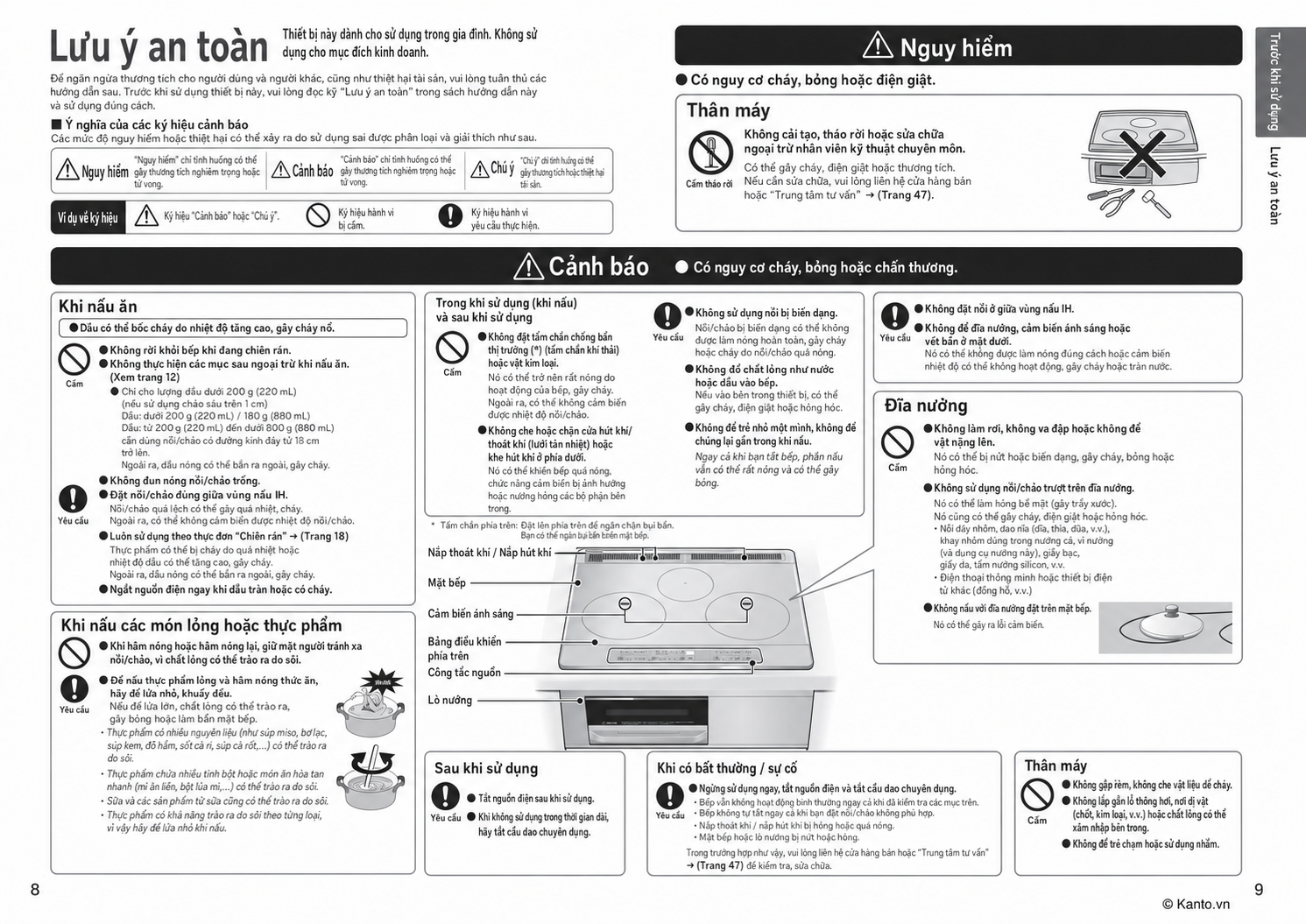 Hướng dẫn sử dụng bếp từ Hitachi HT-SK6AK trang 08–09 – Lưu ý an toàn trước và trong khi sử dụng