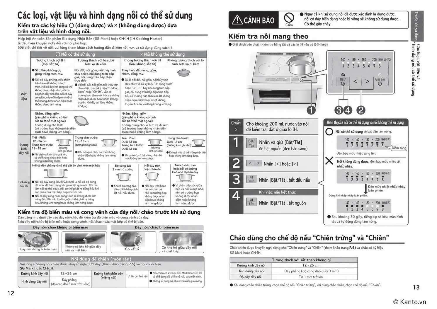 Hướng dẫn sử dụng bếp từ Hitachi HT-SK6AK trang 12–13 – Loại nồi, vật liệu và hình dạng nồi có thể sử dụng