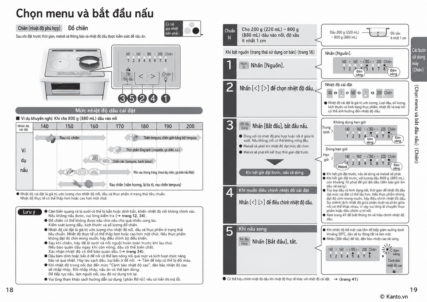 Hướng dẫn sử dụng bếp từ Hitachi HT-SK6AK trang 18–19 – Chế độ chiên với nhiệt độ dầu phù hợp