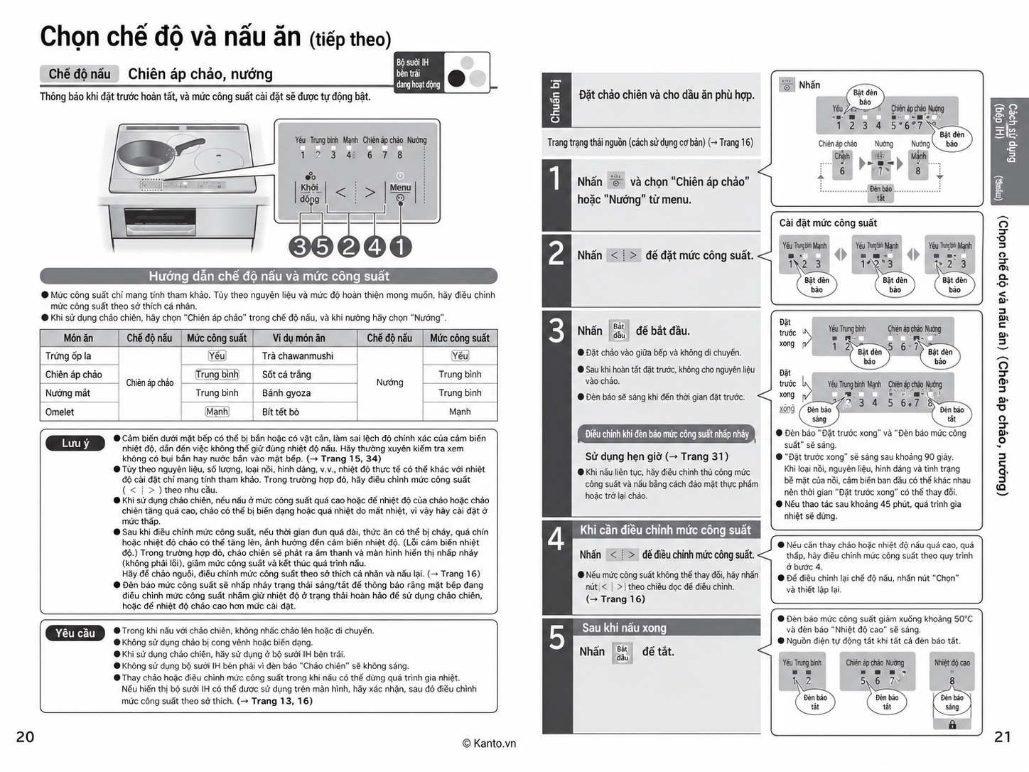 Hướng dẫn sử dụng bếp từ Hitachi HT-SK6AK trang 20–21 – Chế độ chiên áp chảo và nướng