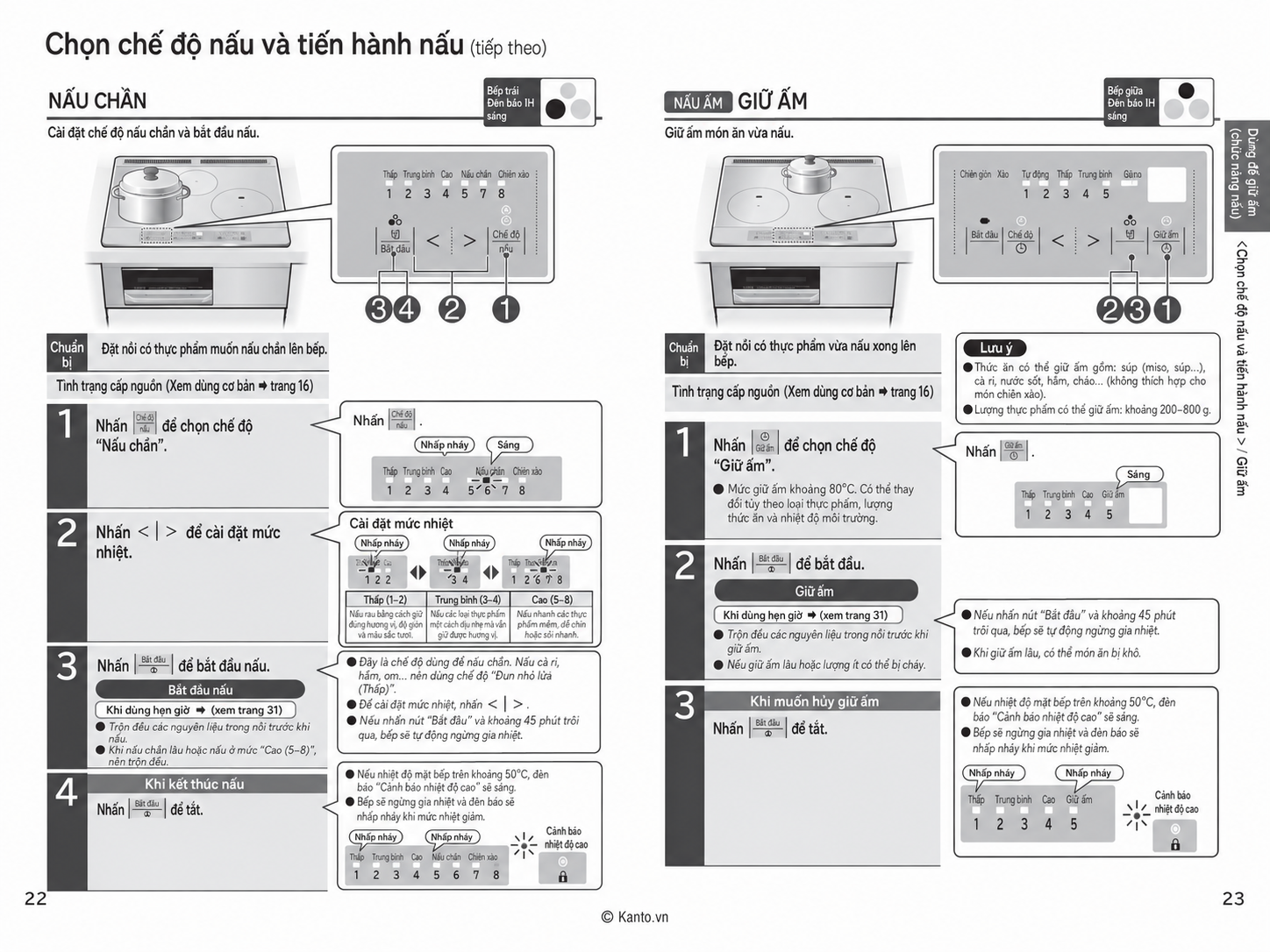 Hướng dẫn sử dụng bếp từ Hitachi HT-SK6AK trang 22–23 – Chế độ nấu chậm và giữ ấm