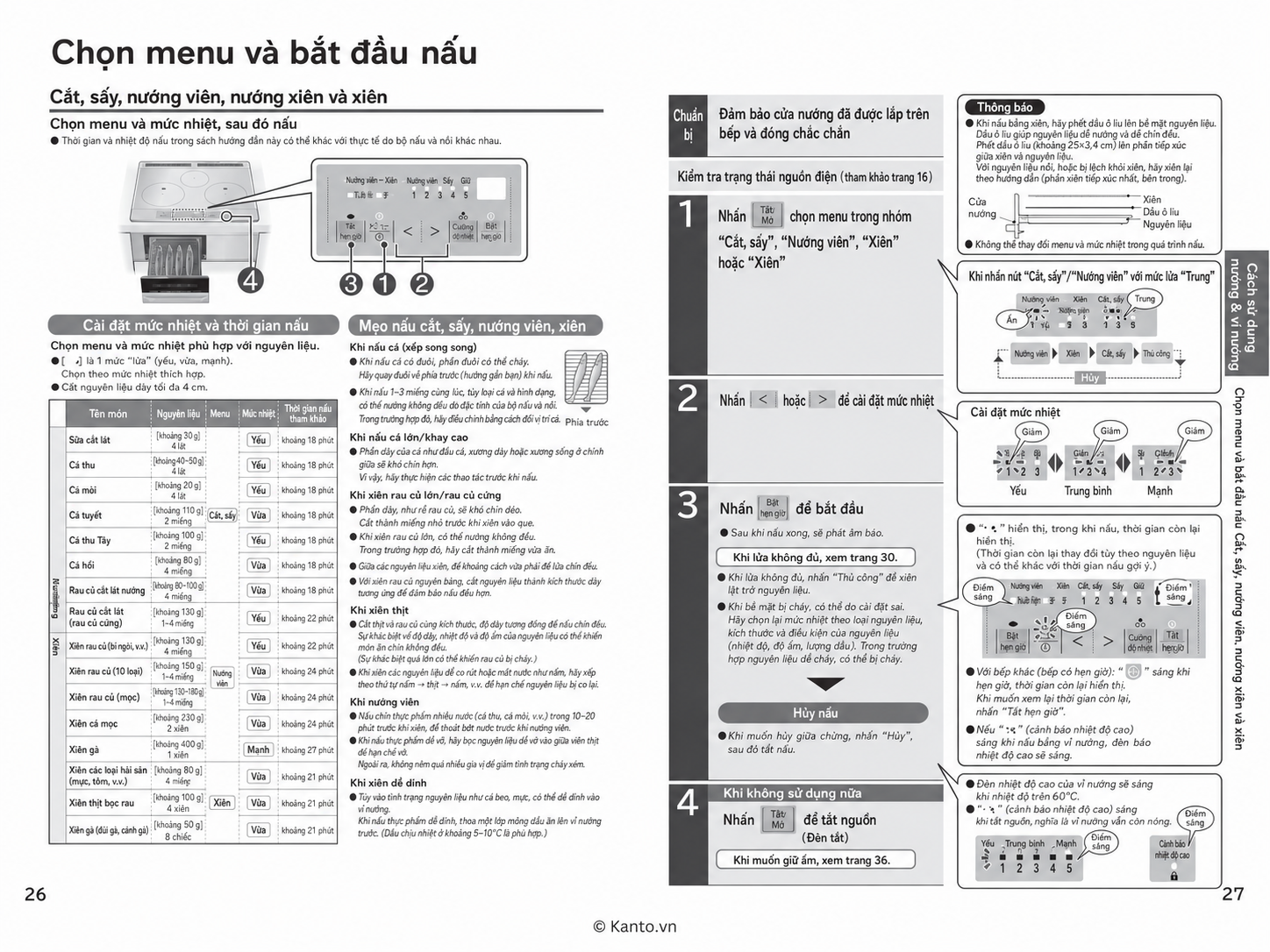 Hướng dẫn sử dụng bếp từ Hitachi HT-SK6AK trang 26–27 – Chọn menu nướng và bắt đầu nấu