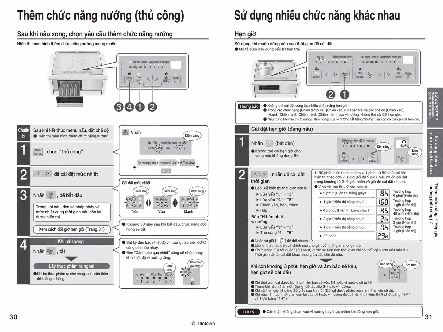Hướng dẫn sử dụng bếp từ Hitachi HT-SK6AK trang 30–31 – Nướng bổ sung và hẹn giờ
