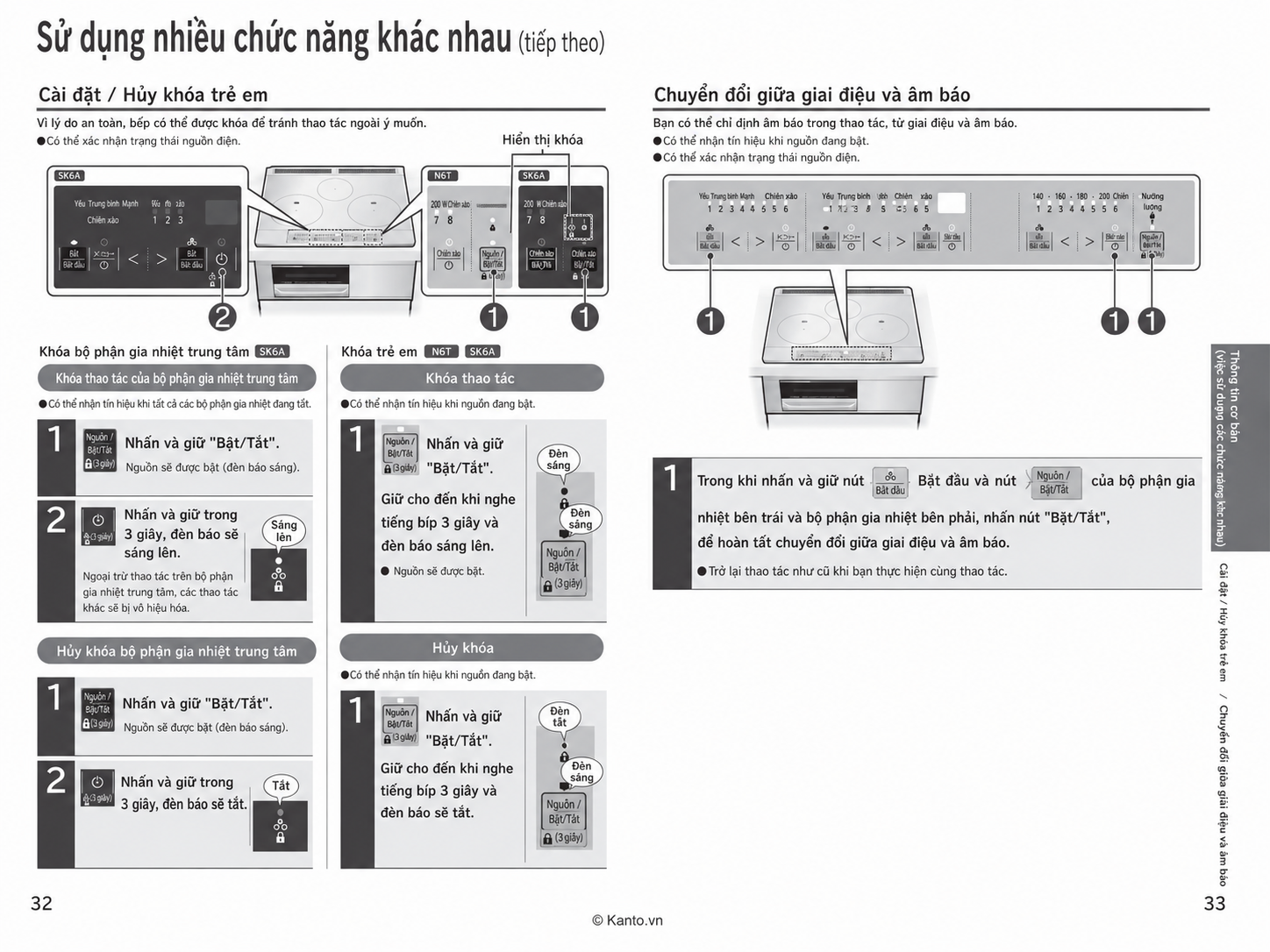 Hướng dẫn sử dụng bếp từ Hitachi HT-SK6AK trang 32–33 – Khóa trẻ em, khóa vùng nấu và âm báo